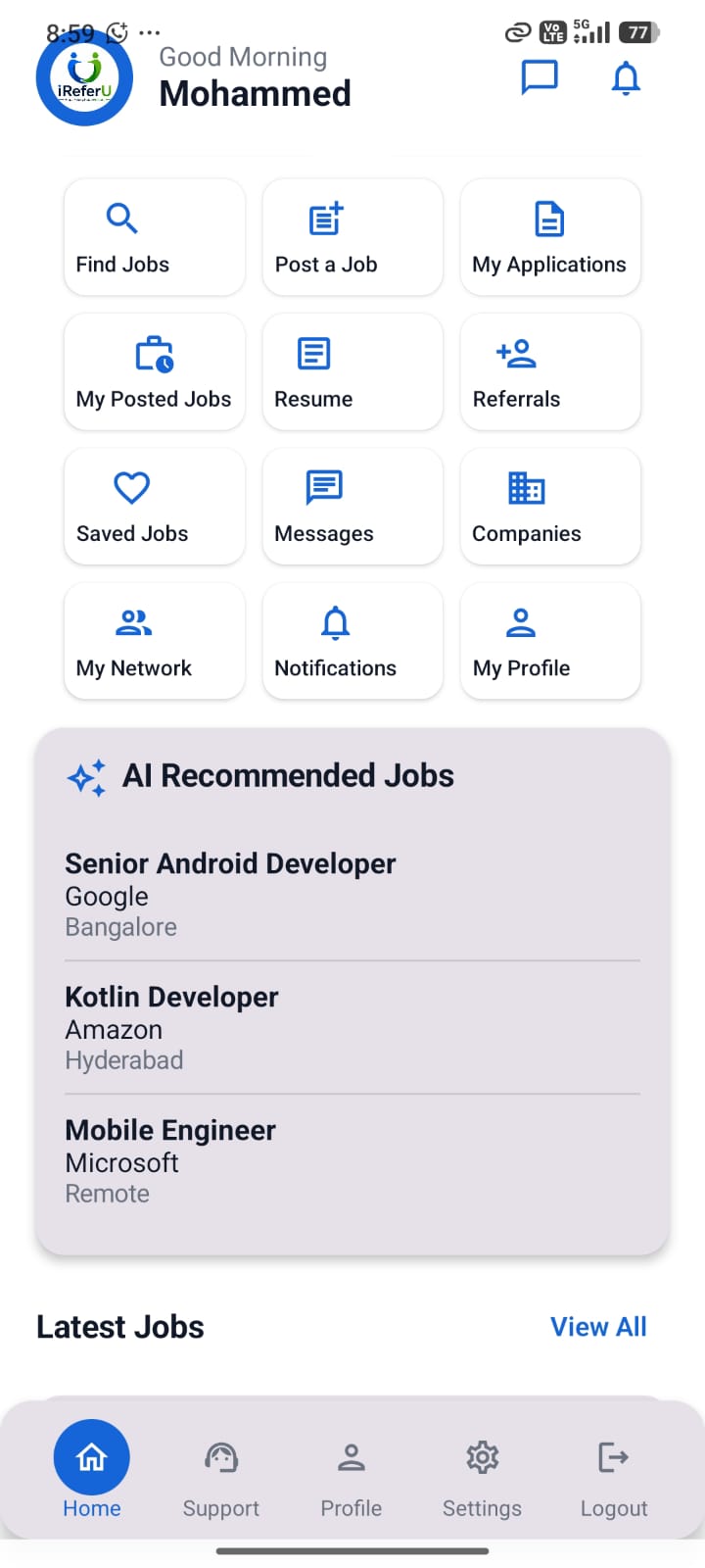 iReferU jobs and community screen