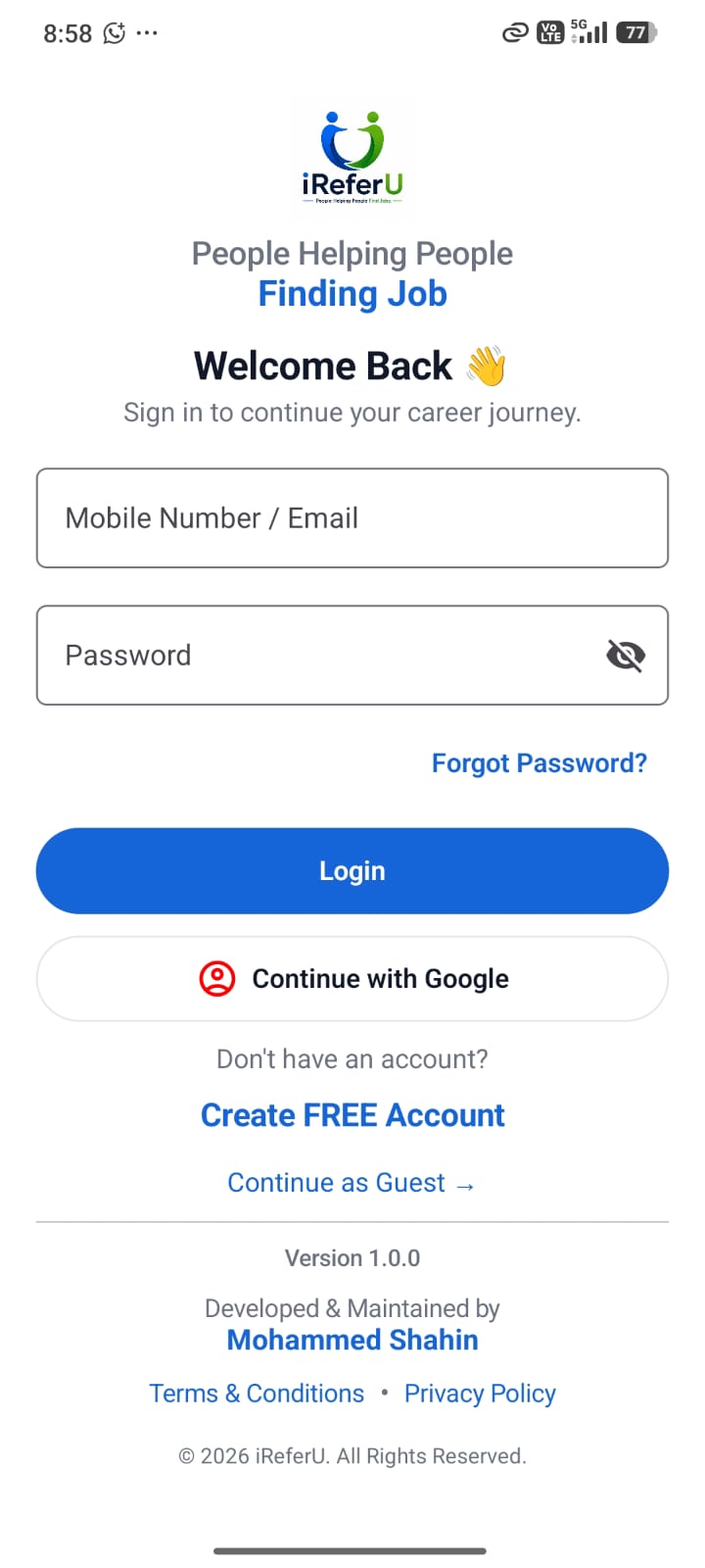iReferU login screen